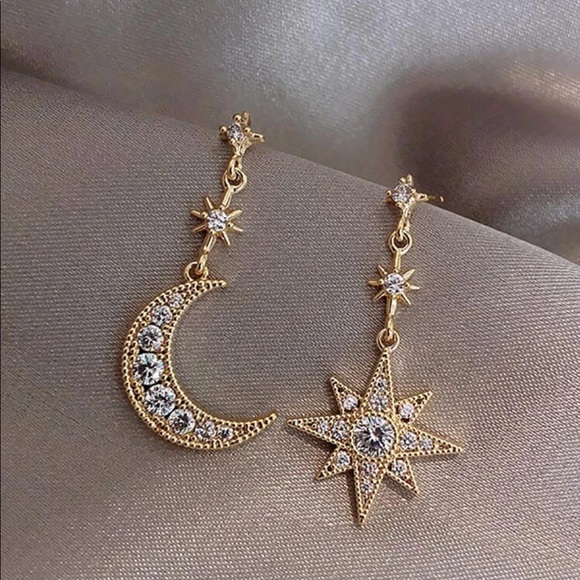 Gold Celestial Moon & Star Drop Dangle Earrings - Picture 2 of 6